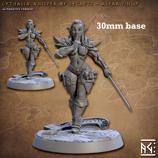 Image shows a 3D render of a high elf rogue gaming miniature