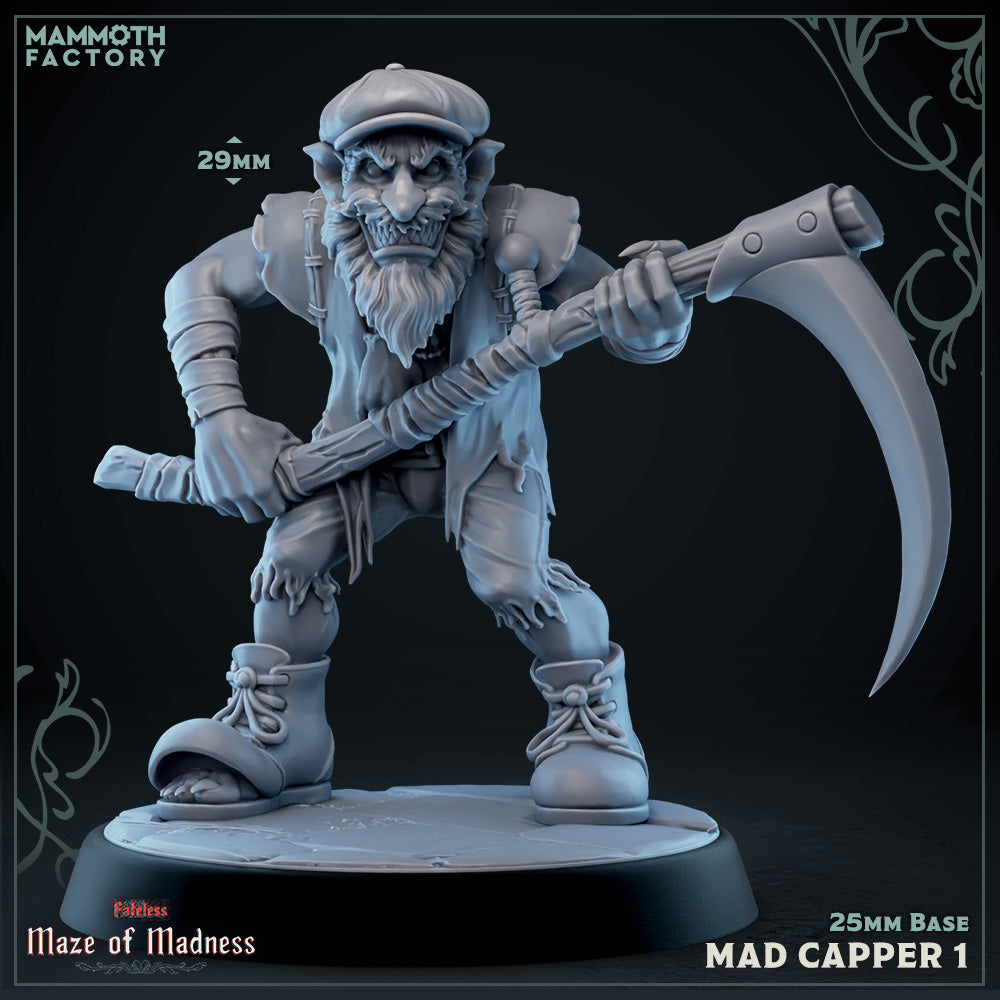 Image shows a 3D render of a creepy smiling gnome gaming miniature holding a scythe