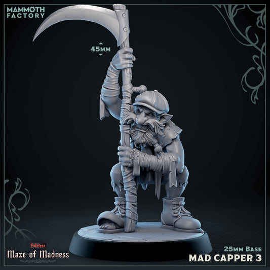 Image shows a 3D render of a creepy smiling gnome gaming miniature with a scythe