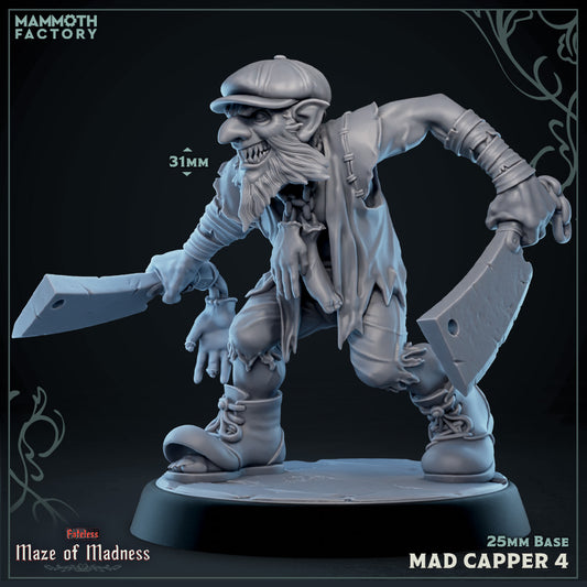 Image shows a 3D render of a creepy smiling gnome gaming miniature with two meat cleavers