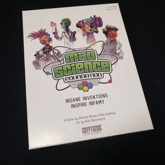 Image shows the front cover of the box of the Mad Science Foundation board game
