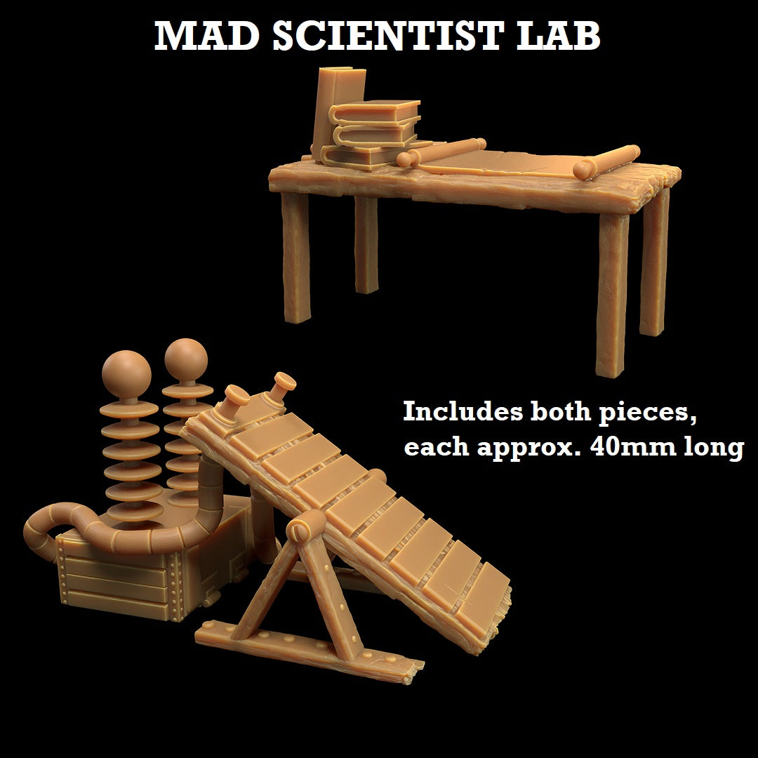 Image shows 3D renders for gaming terrain of a mad scientist lab, a desk & Frankenstein electric table