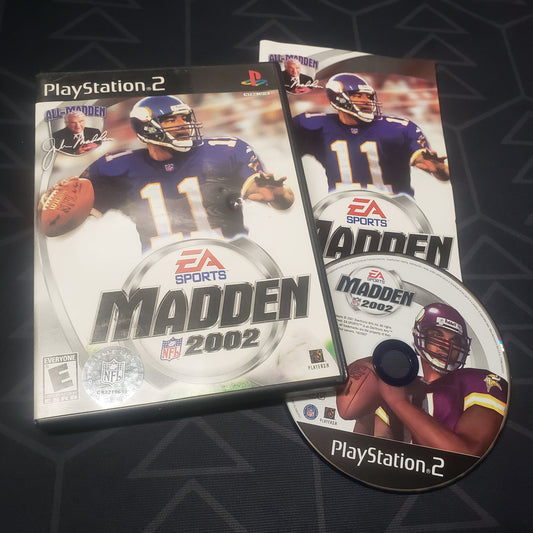 Image shows the case, manual and disc for the video game Madden 2002 for Playstation 2