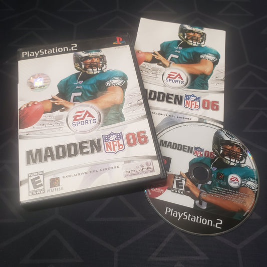 Image shows the case, manual and disc for the video game Madden NFL 06 for Playstation 2