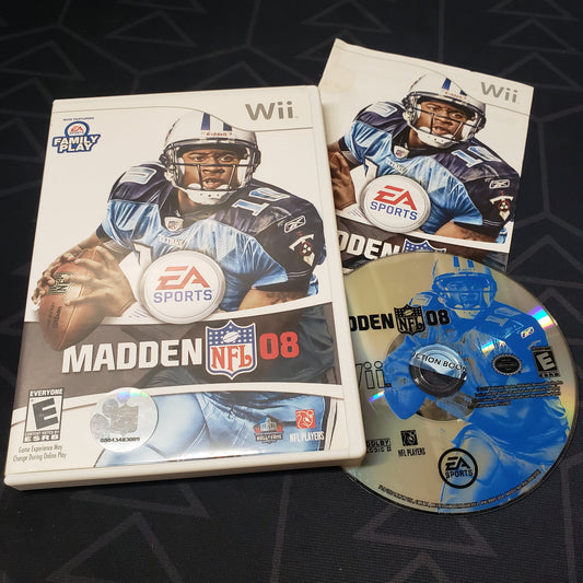 Image shows the case, manual and disc for the video game Madden NFL 08 for Nintendo Wii
