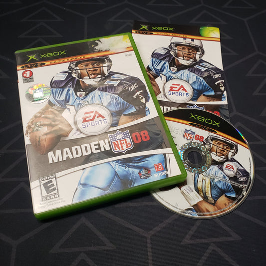 Image shows the case, manual and disc for the video game Madden NFL 08 for the original Xbox