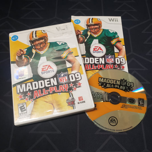Image shows the case, manual and disc for the video game Madden NFL 09 All-Play for Nintendo Wii