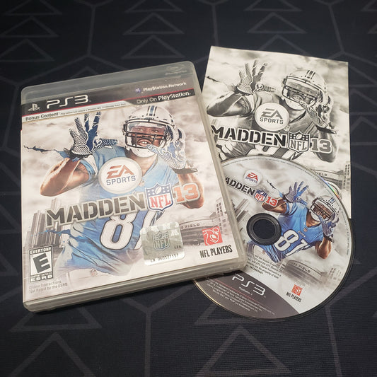 Image shows the case, manual and disc for the video game Madden NFL 13 for Playstation 3