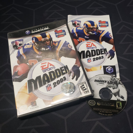 Image shows the case, manual and disc for the video game Madden NFL 2003 for Nintendo GameCube
