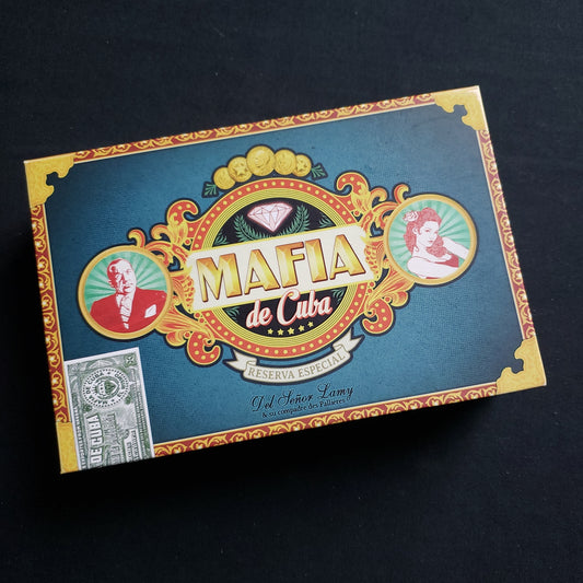 Image shows the front cover of the box of the Mafia de Cuba party game