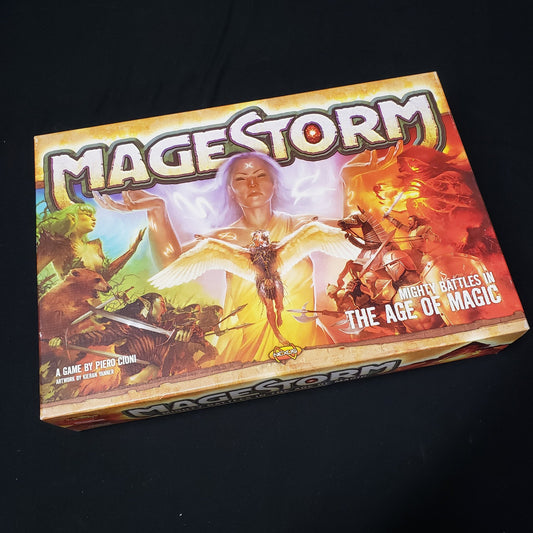 Image shows the front cover of the box of the MageStorm board game