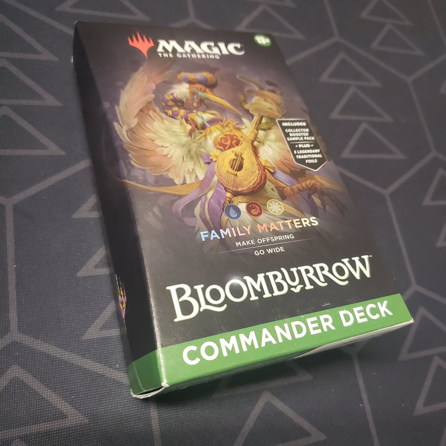 Image shows the front cover of the box of the Bloomburrow: Family Matters Commander Deck for the card game Magic: The Gathering