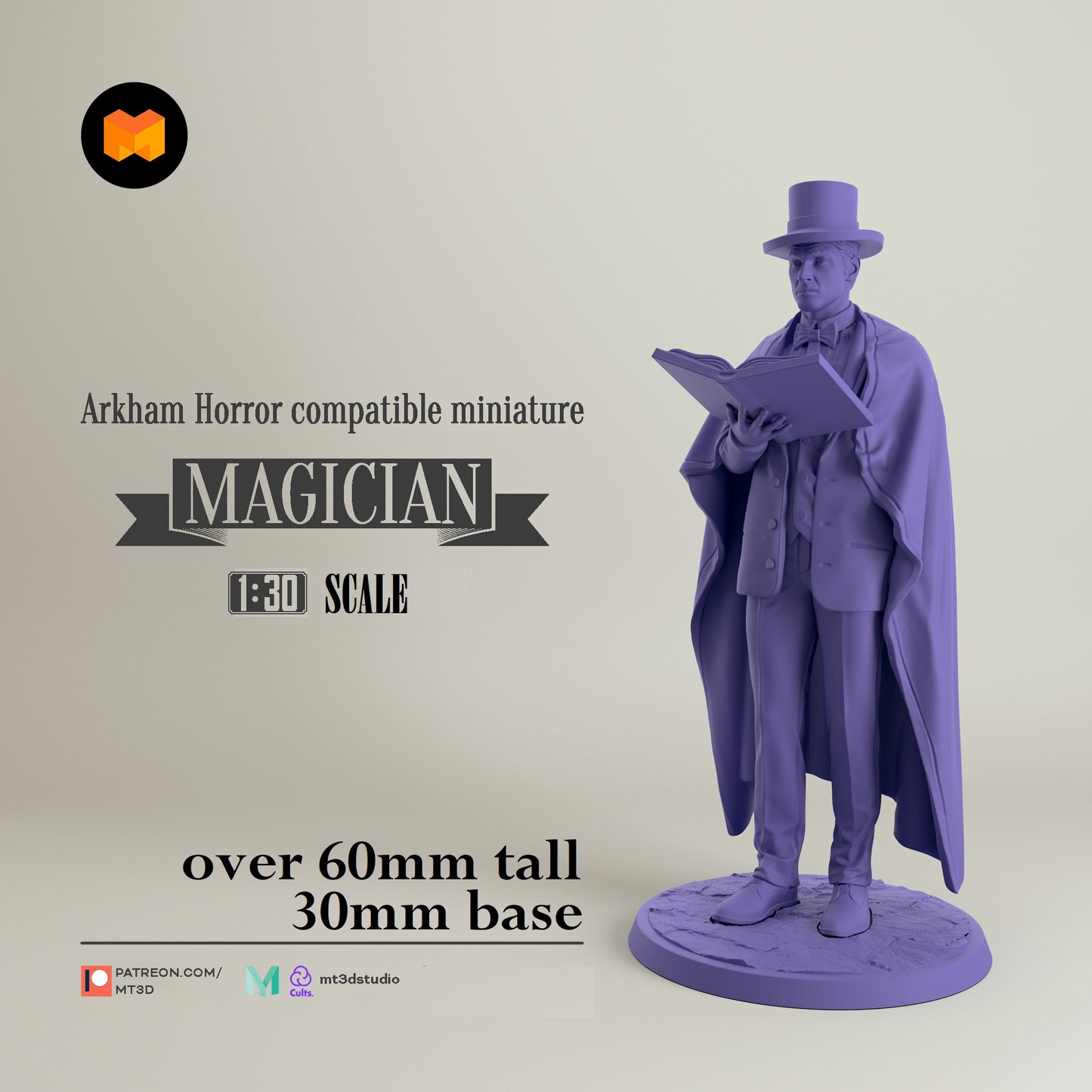 Image shows a 3D render of a 1920s era magician gaming miniature holding a large book