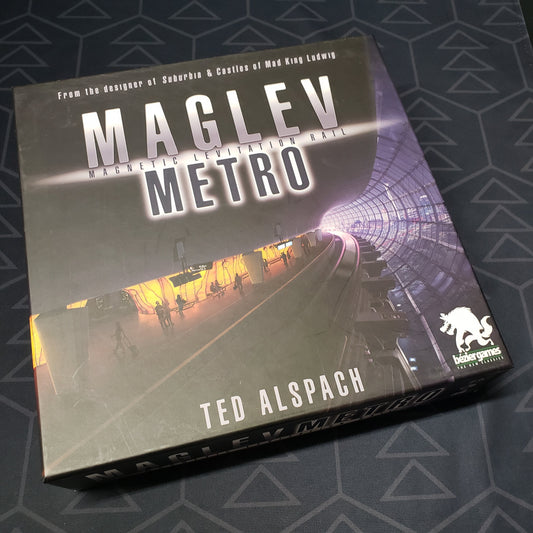 Image shows the front cover of the box for the Maglev Metro board game
