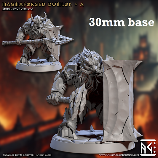 Image shows 3D renders of two sculpt options for a fire dwarf warrior gaming miniature.