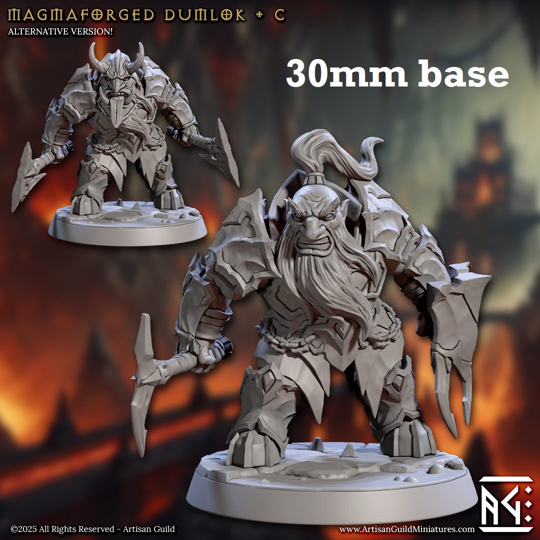 Image shows 3D renders of two sculpt options for a fire dwarf warrior gaming miniature.