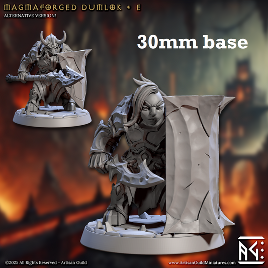 Image shows 3D renders of two sculpt options for a fire dwarf warrior gaming miniature.