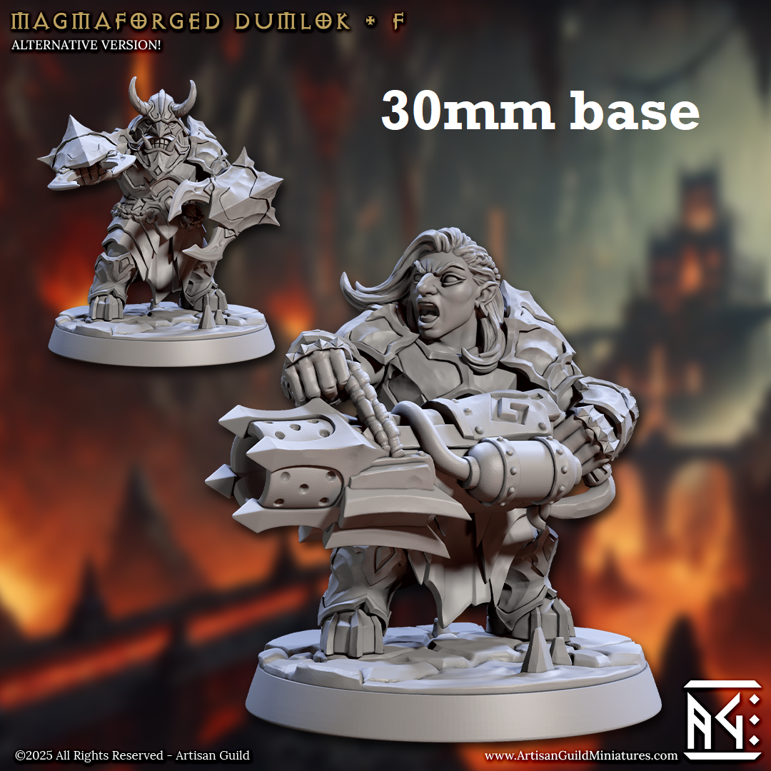 Image shows 3D renders of two sculpt options for a fire dwarf warrior gaming miniature.