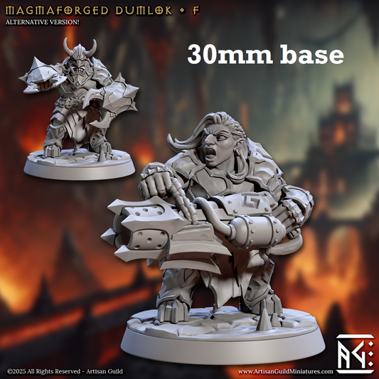 Image shows 3D renders of two sculpt options for a fire dwarf warrior gaming miniature.