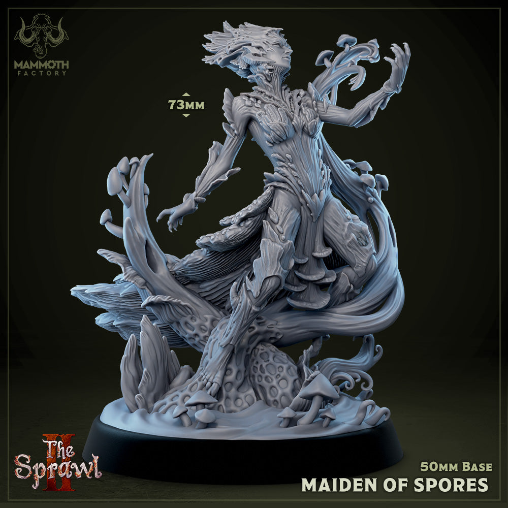 Image shows a 3D render of a mushroom warrior maiden gaming miniature