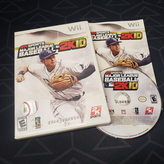 Image shows the case, manual & disc for the video game Major League Baseball 2K10 for Nintendo Wii