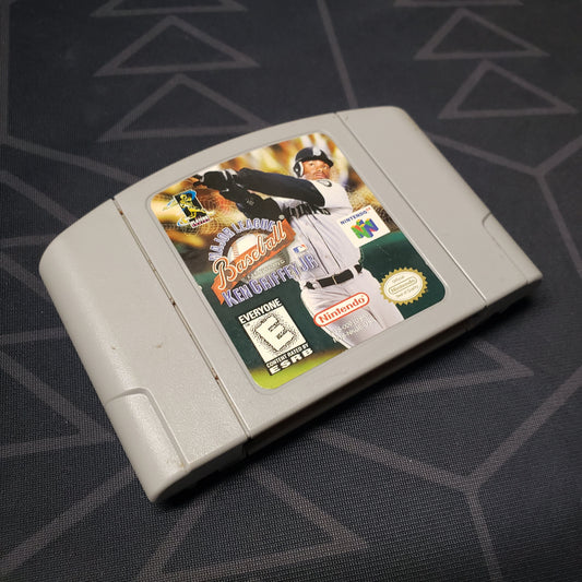 Image shows the front of the cartridge for the video game Major League Baseball featuring Ken Griffey Jr. for the Nintendo 64