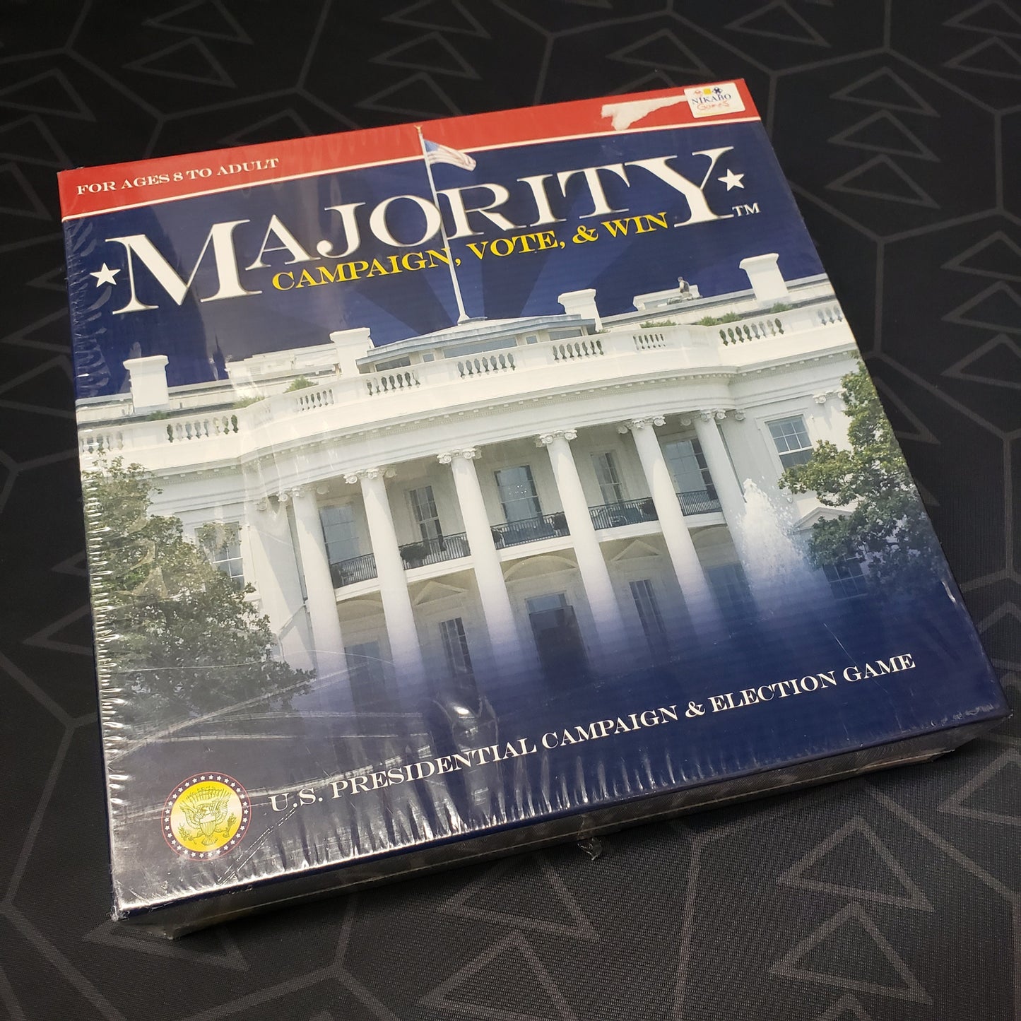 Image shows the front cover of the box of the Majority: Campaign, Vote & Win card game