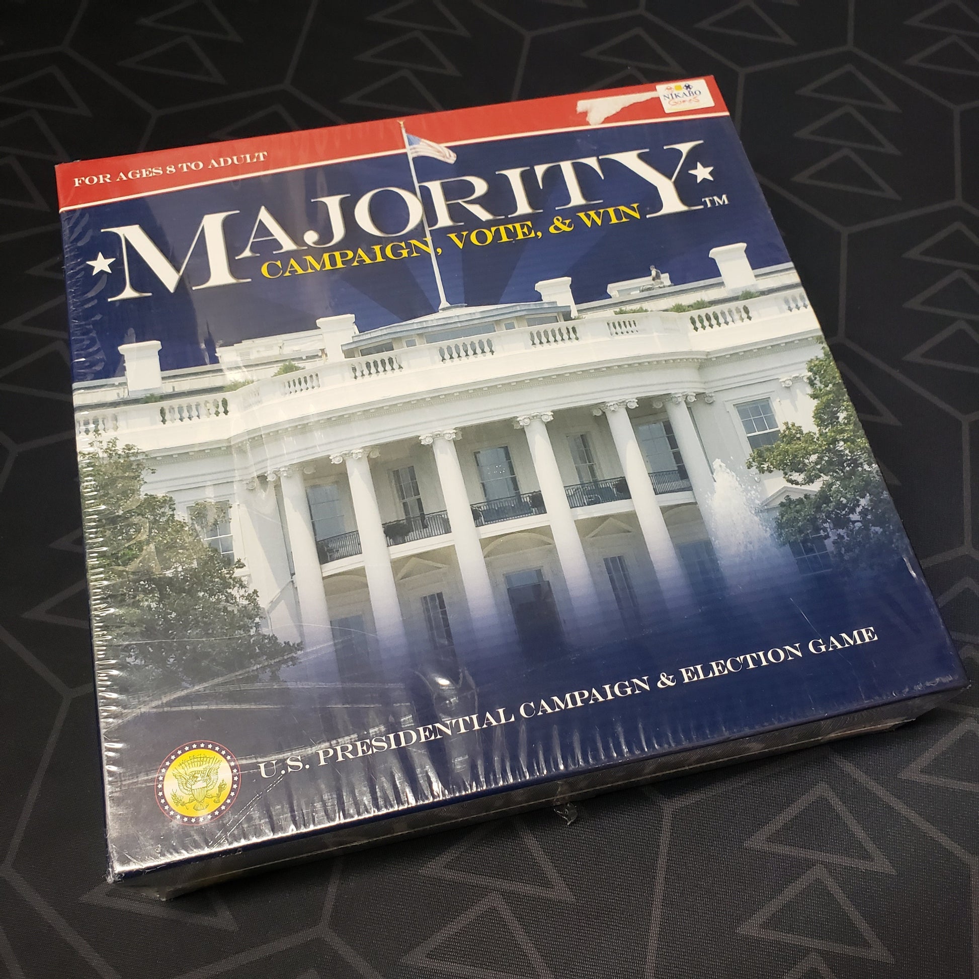 Image shows the front cover of the box of the Majority: Campaign, Vote & Win card game