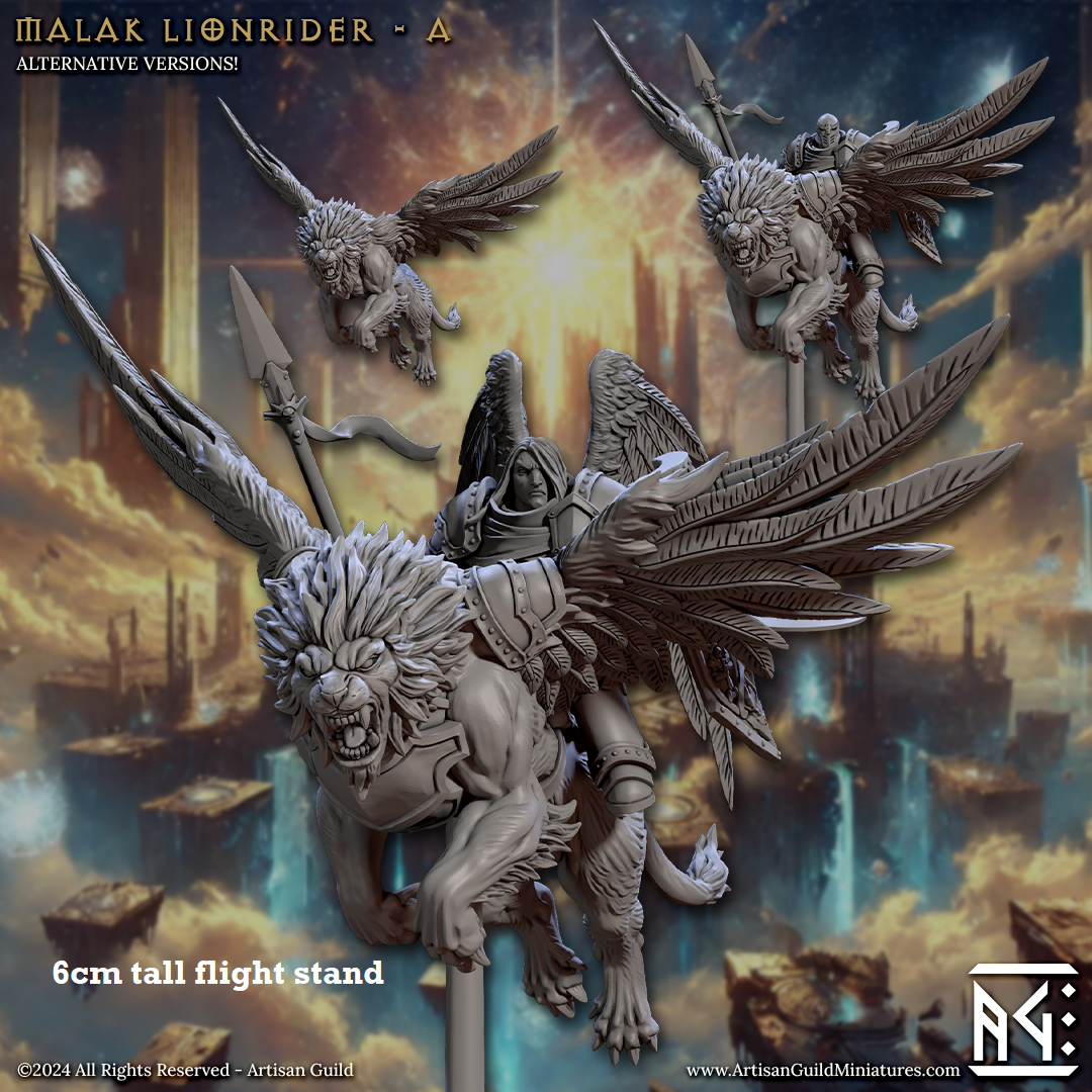 Image shows 3D renders of multiple sculpt options for a gaming miniature of an angel paladin riding a winged lion