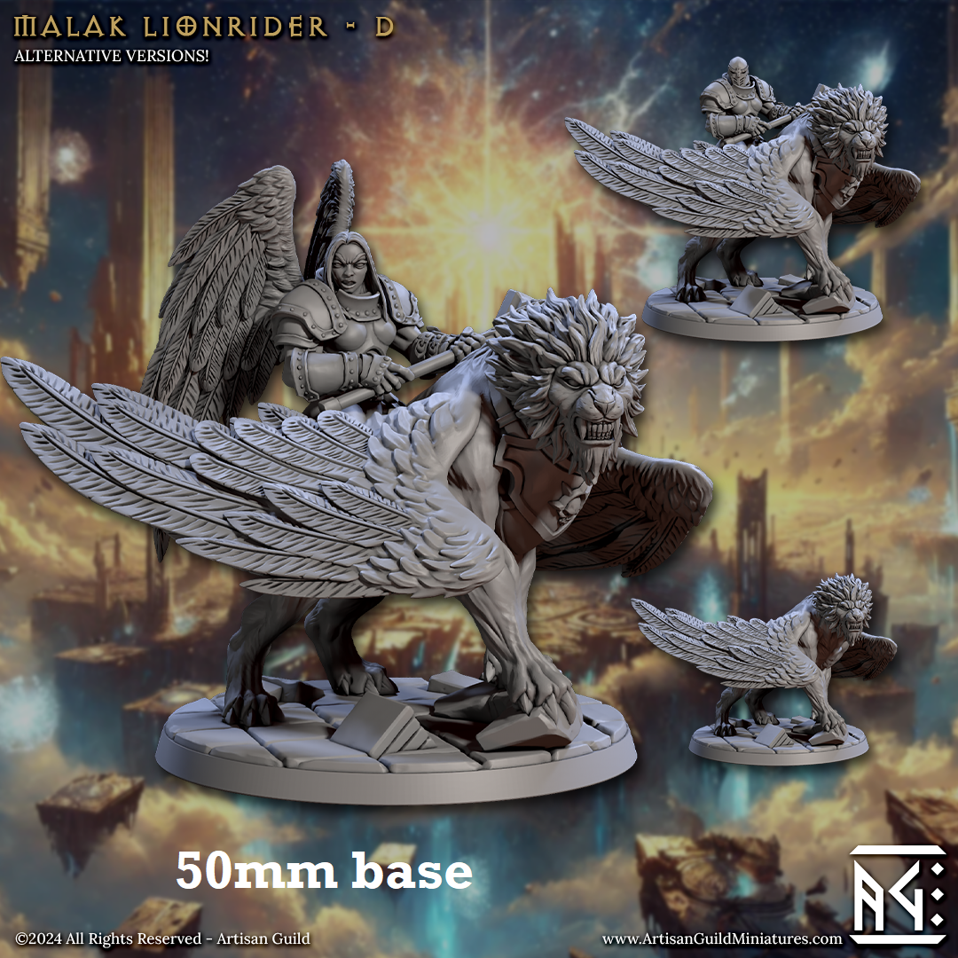Image shows 3D renders of multiple sculpt options for a gaming miniature of an angel paladin riding a winged lion