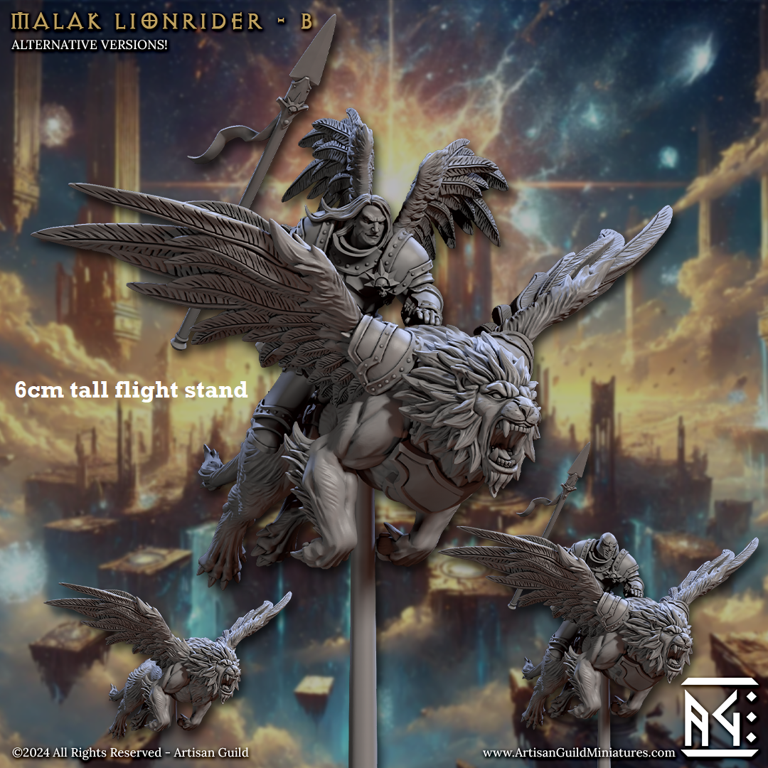 Image shows 3D renders of multiple sculpt options for a gaming miniature of an angel paladin riding a winged lion