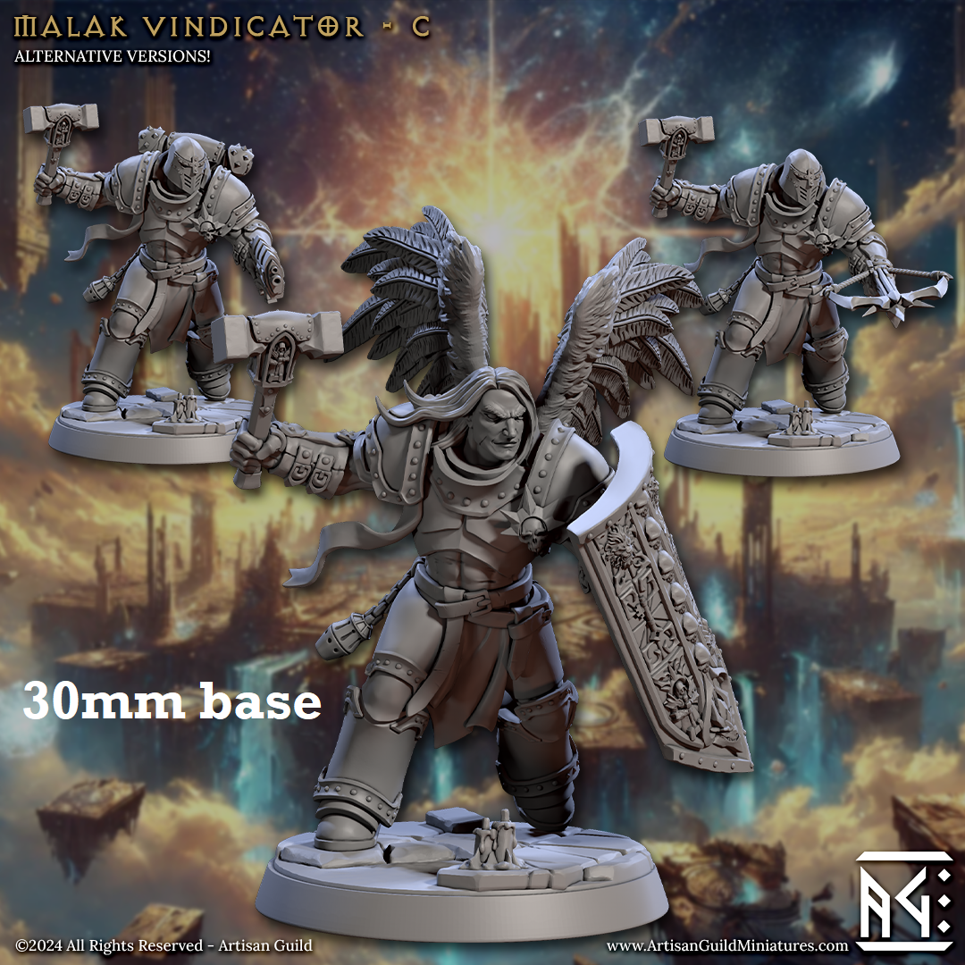 Image shows 3D renders of three different sculpt options for an angel paladin gaming miniature