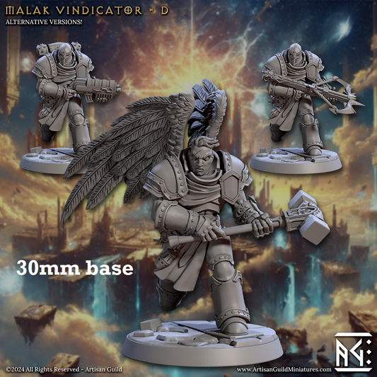 Image shows 3D renders of three different sculpt options for an angel paladin gaming miniature