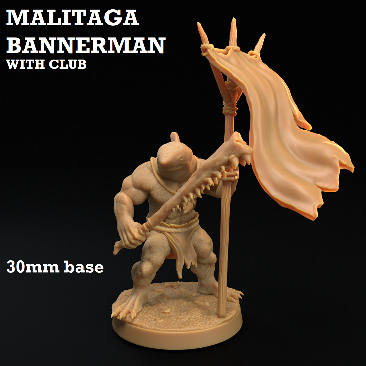 Image shows a 3D render of a sharkfolk warrior gaming miniature holding a flag & club