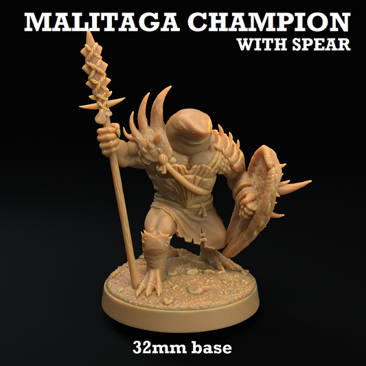 Image shows a 3D render of a sharkfolk warrior gaming miniature.