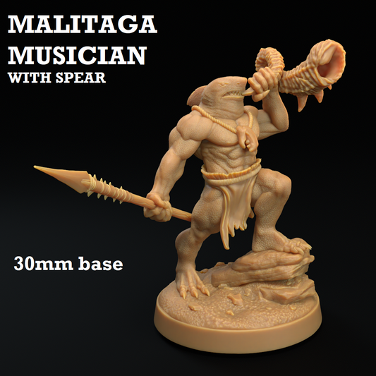 Image shows a 3D render of a sharkfolk musician gaming miniature blowing a shell horn and holding a spear