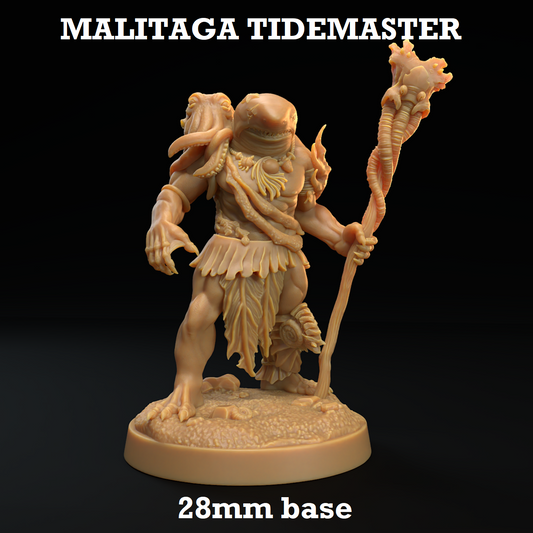 Image shows a 3D render of a sharkfolk shaman gaming miniature.