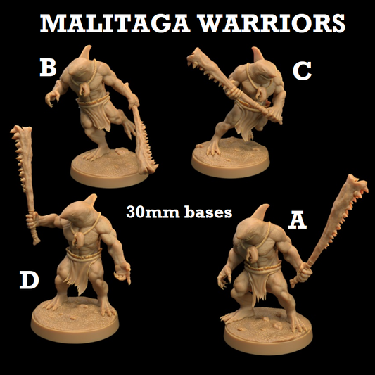 Image shows 3D renders for four different sculpt options of a sharkfolk warrior gaming miniature with a club