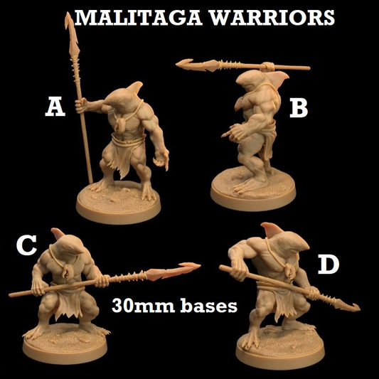 Image shows 3D renders for four different sculpt options of a sharkfolk warrior gaming miniature holding a harpoon