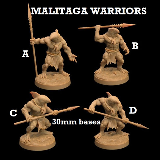 Image shows 3D renders for four different sculpt options of a sharkfolk warrior gaming miniature holding a spear