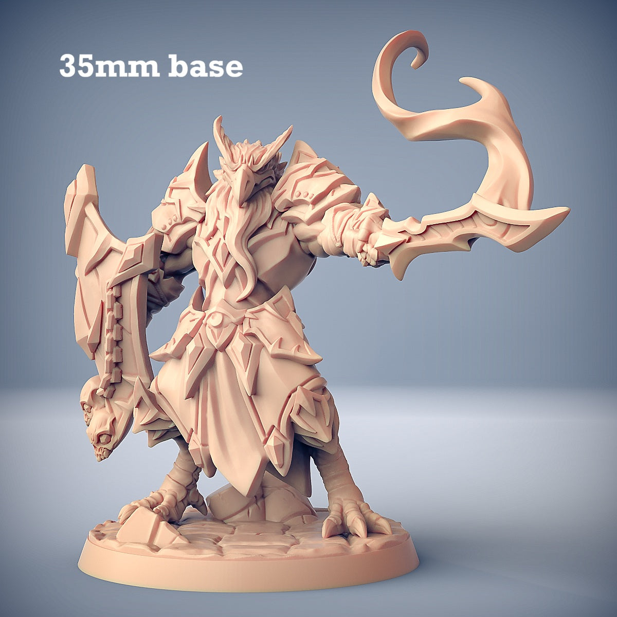 Image shows a 3D render of a aarakocra paladin gaming miniature.