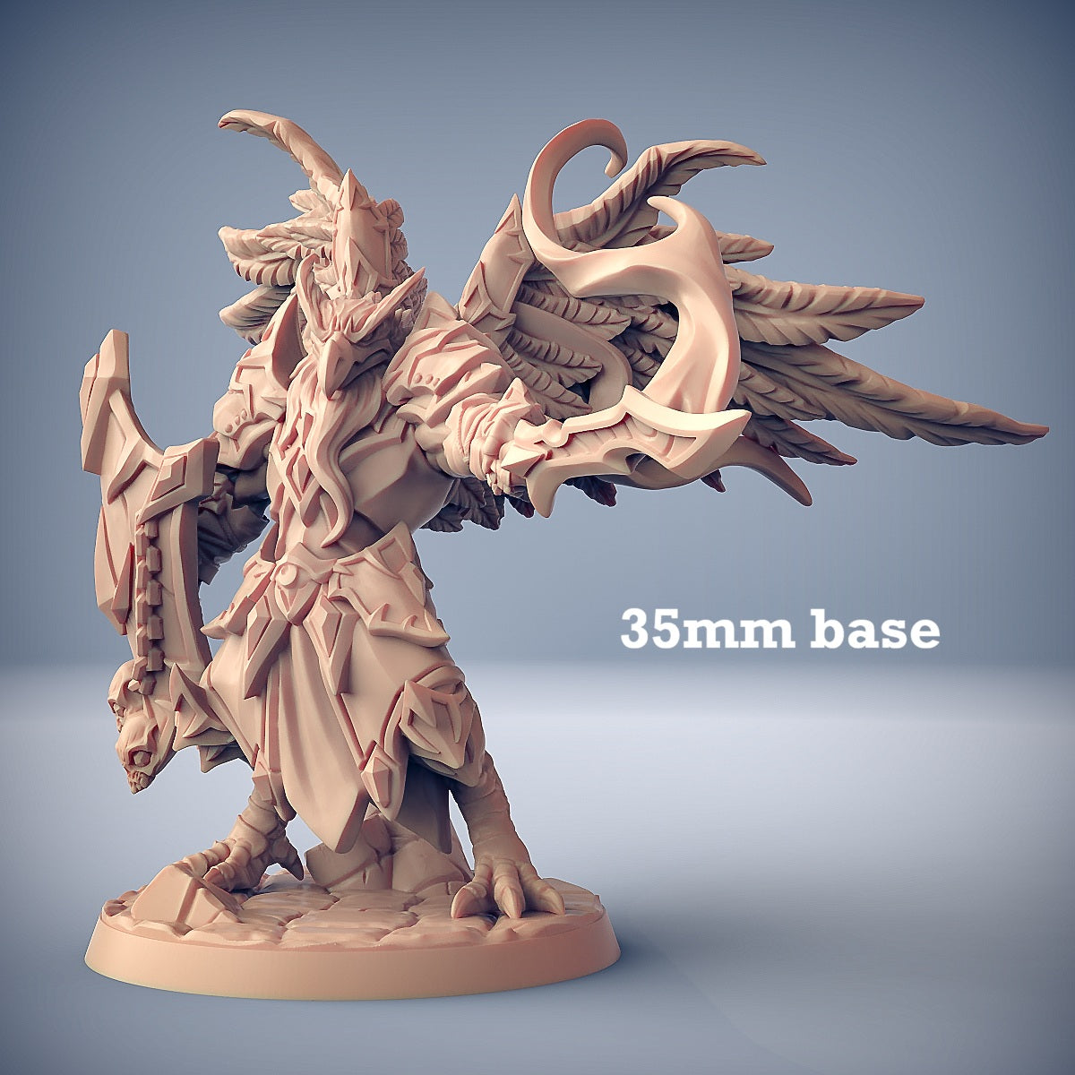 Image shows a 3D render of a aarakocra paladin gaming miniature.