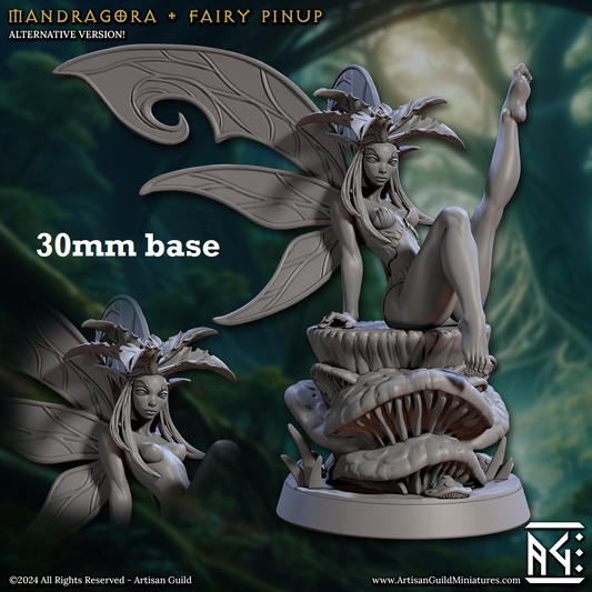 Image shows 3D renders of two different sculpt options for a fairy on a toadstool gaming miniature