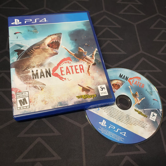 Image shows the case and disc for the video game Maneater for Playstation 4