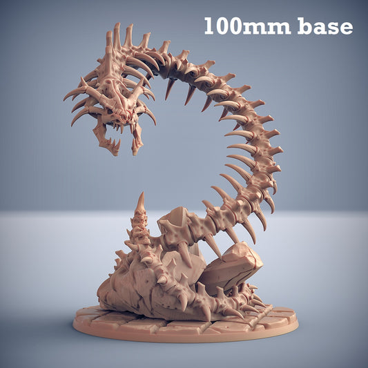 Image shows a 3D render of a giant skeleton snake gaming miniature.