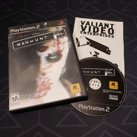 Image shows the case, manual & disc for the video game Manhunt for Playstation 2