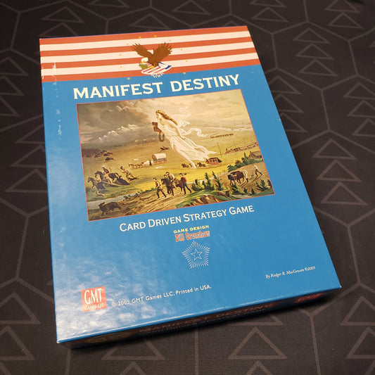 Image shows the front cover of the box for the Manifest Destiny board game