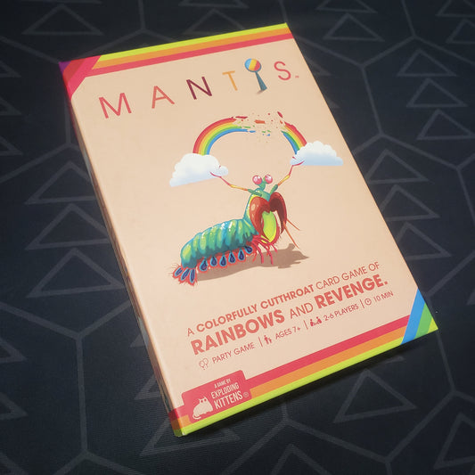 Image shows the front cover of the box for the MANTIS card game