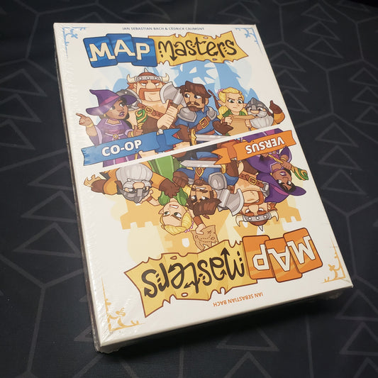 Image shows the front cover of the box for the Map Masters board game