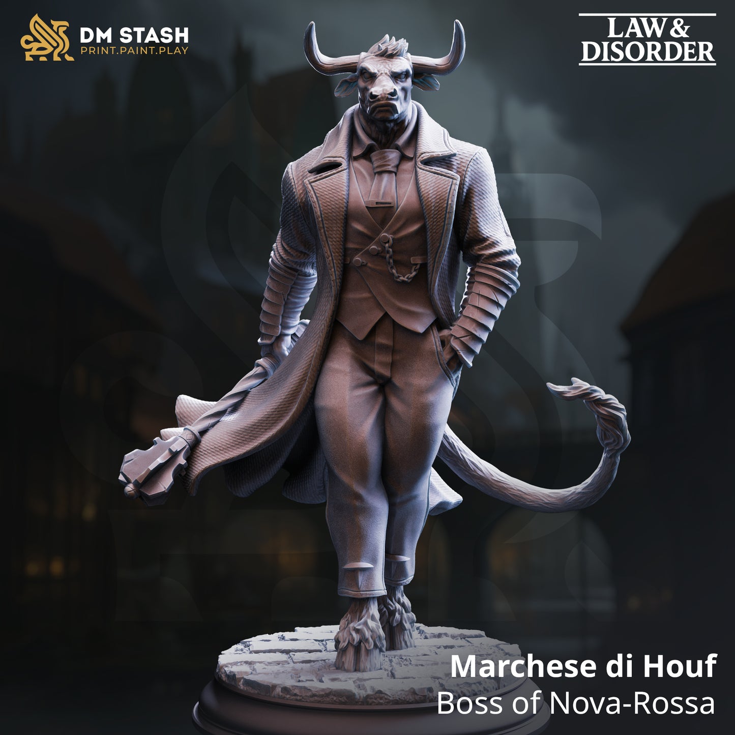 Image shows a 3D render of a minotaur crime lord gaming miniature.